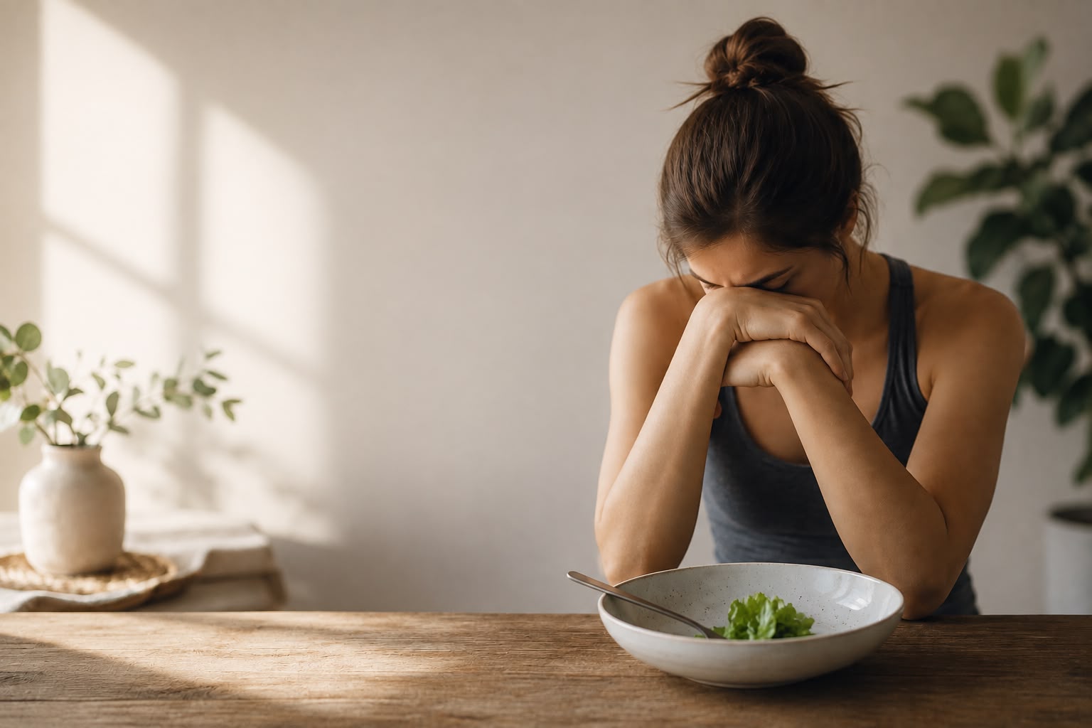 Persona con malestar emocional sentada frente a un bol con ensalada, imagen relacionada con trastornos de la conducta alimentaria